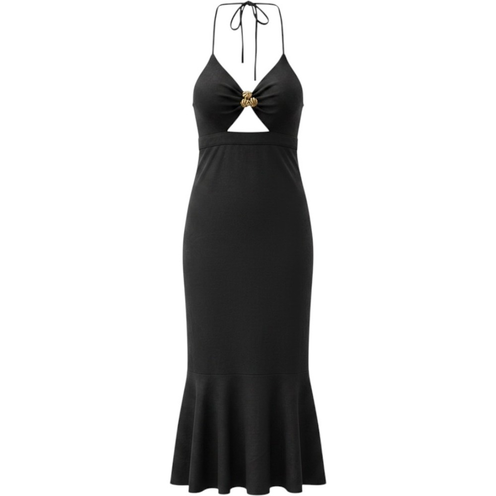 AZULU Black Cotton Halter Midi‎ Dress Open Back Beaded Detail Size 6
